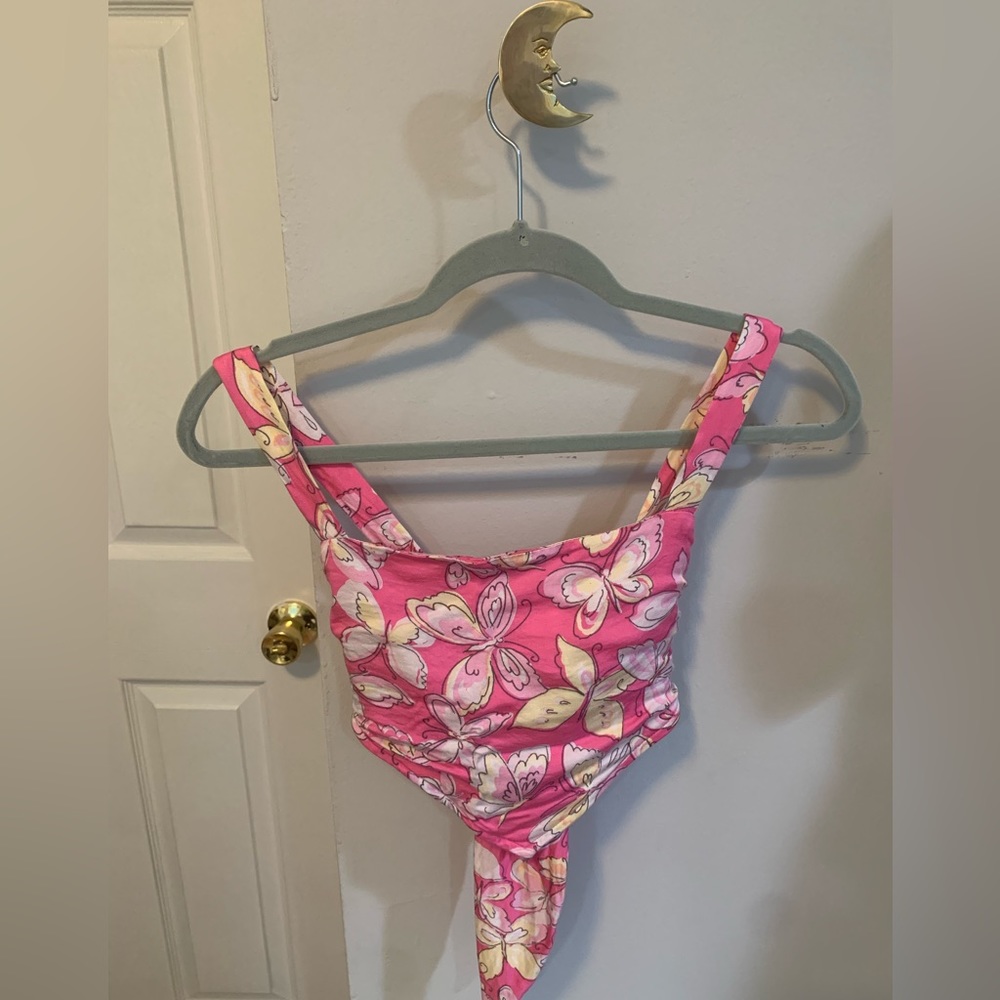 Pink Butterfly Crop Top Tie Back